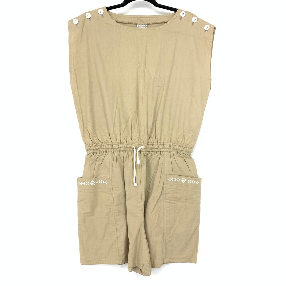 VTG Wildlife Womens Sz L Romper Playsuit Khaki Tan Pockets Shoulder Button